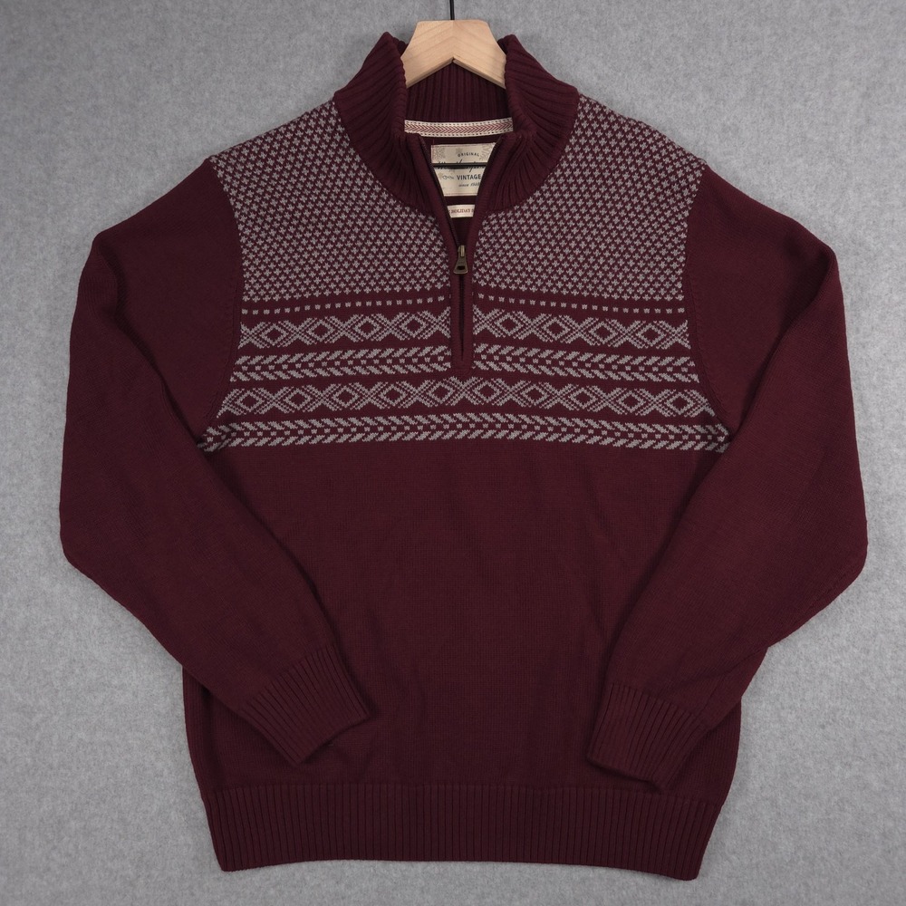 Weatherproof Vintage Mens Large Holiday Burgundy 100% Cotton Sweater 1/4 Zip
